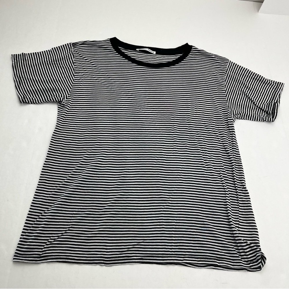 Reformation Jeans Black White Stripe Short Sleeve Stretch Shirt Large *TINY FLAW